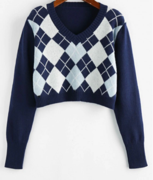 ZAFUL Argyle V Neck Crop Sweater – Cobalt Blue