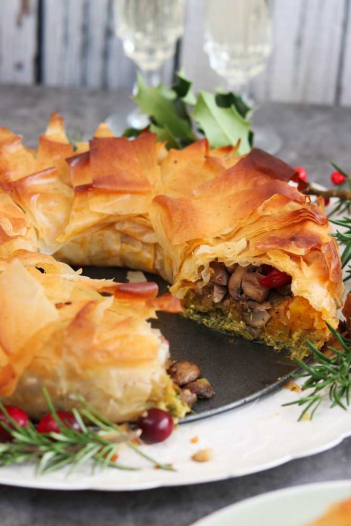 Vegan Christmas Main Recipes Chestnut Mushroom Squash Christmas Filo Wreath Pie