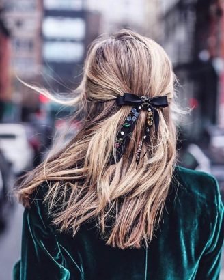 Christmas Inspired Hairstyles and Colors Blonde Half Up Black Diamond Bow