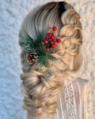 Christmas Inspired Hairstyles and Colors Blonde Side Bow Braids and Bun