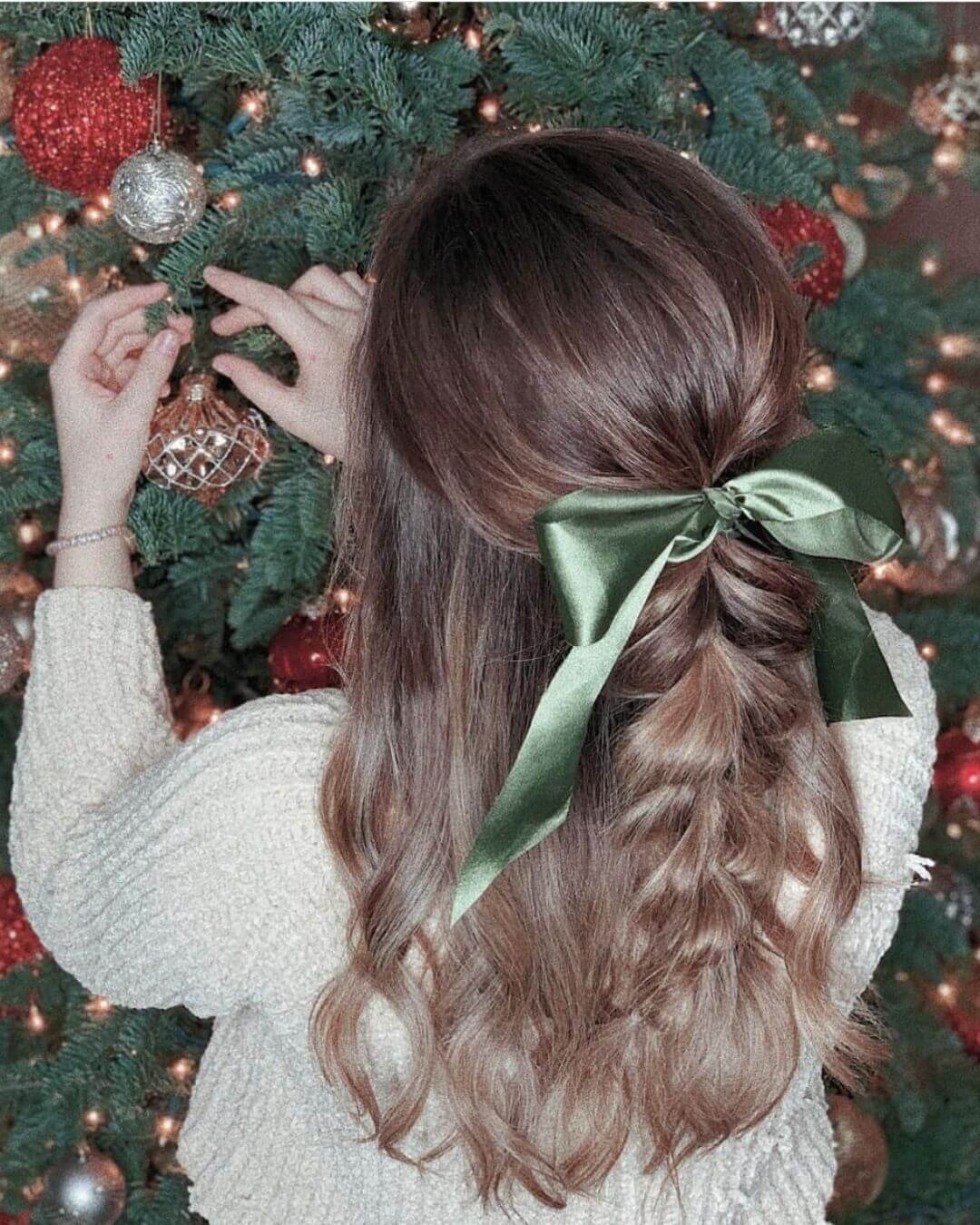 Christmas Inspired Hairstyles and Colors Faux Half Up Braid Green Bow