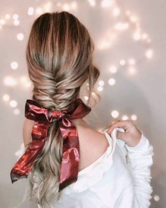Christmas Inspired Hairstyles and Colors Half Fish Tail Braid Bow 1