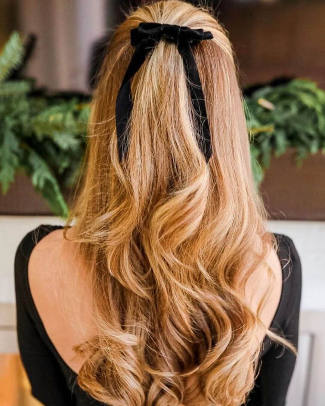Christmas Inspired Hairstyles and Colors Half Up Black Velvet Bow