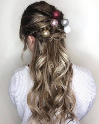 Christmas Inspired Hairstyles and Colors Half Up Twists and Braid Glitter Ball Ornaments