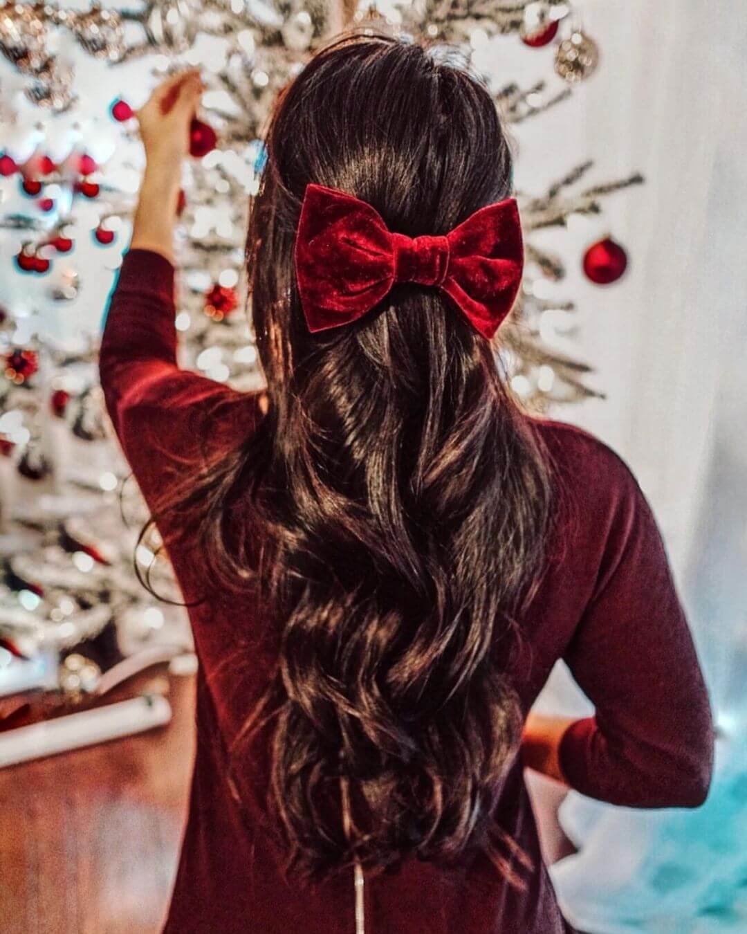 Christmas Inspired Hairstyles and Colors Half Up Velvet Bow
