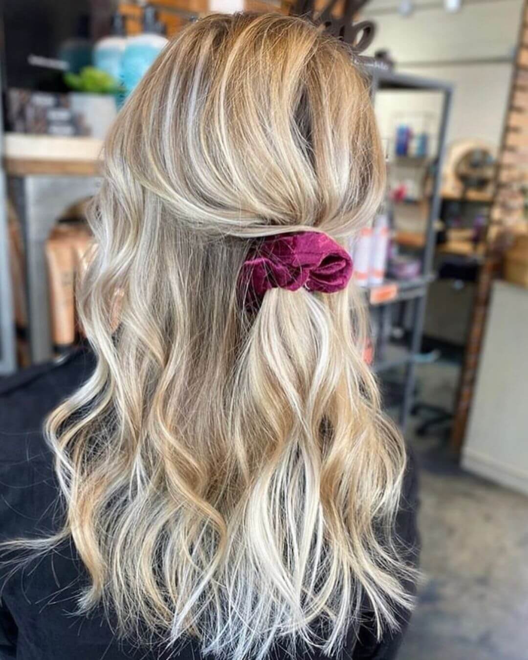 Christmas Inspired Hairstyles and Colors Half Up Velvet Scrunchie