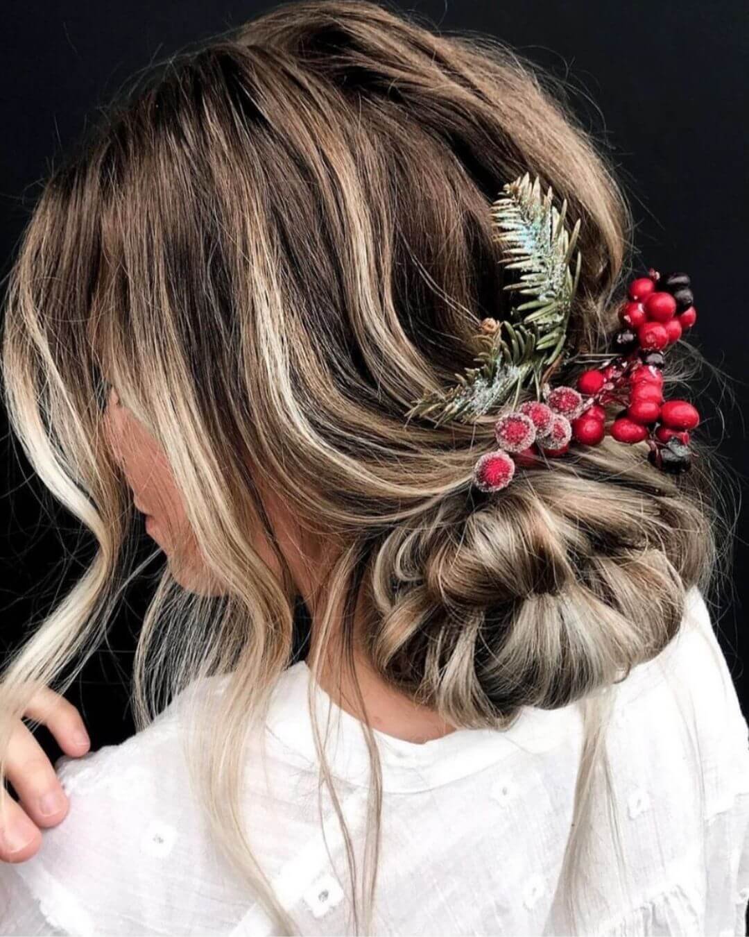 Christmas Inspired Hairstyles and Colors Loose Bun Berries