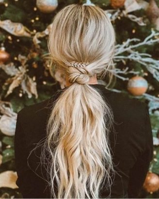 Christmas Inspired Hairstyles and Colors Low Ponytail Double Twist Glitter Leaf Clip