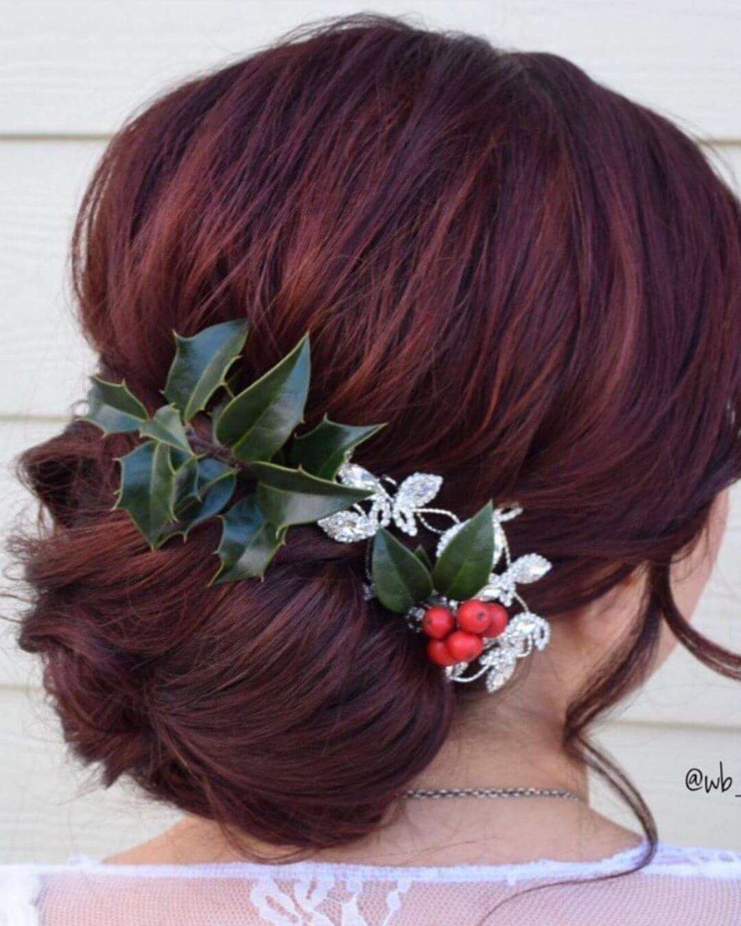 Christmas Inspired Hairstyles and Colors Red Brown Low Thick Bun Berries