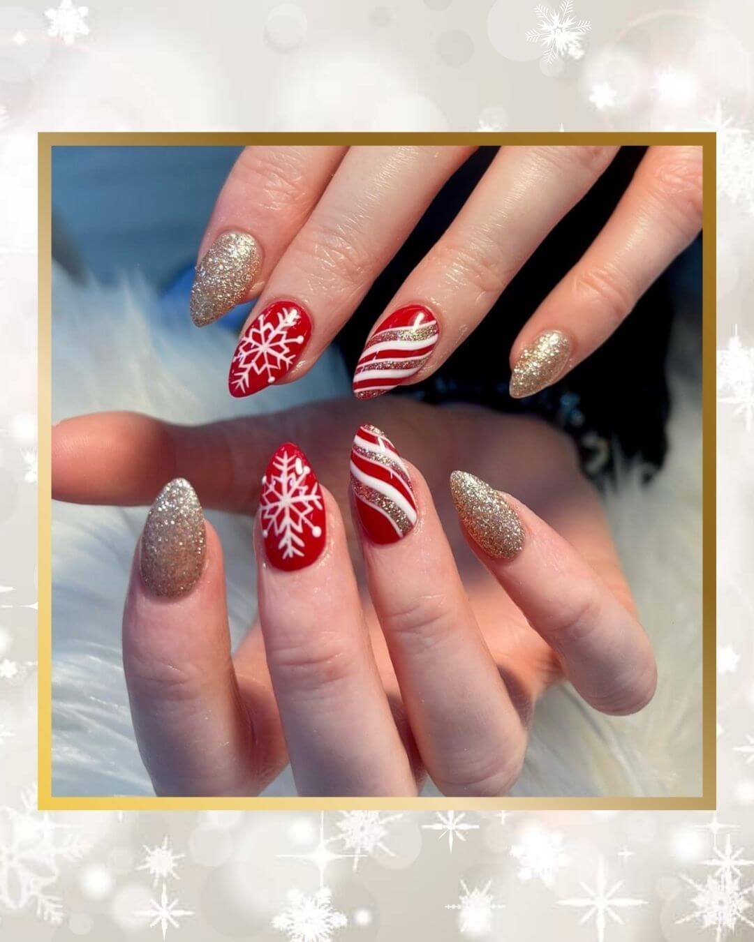 Christmas Nails Design Ideas Red and Gold Shimmer
