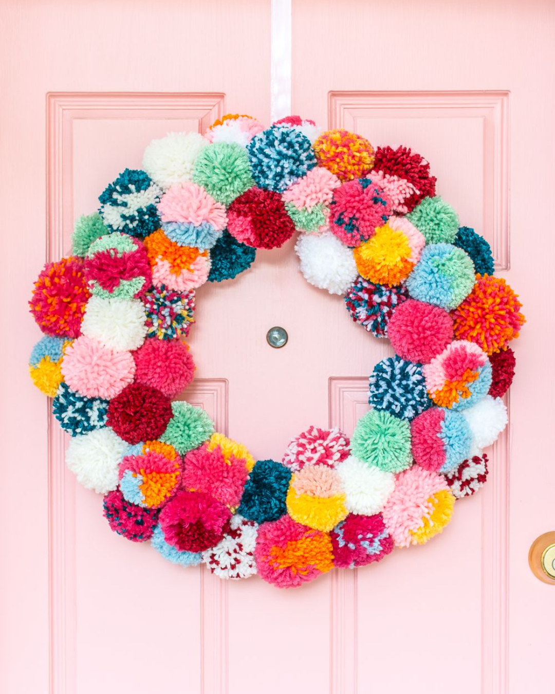 DIY Front Door Wreaths Colorful Pom Pom Wreath