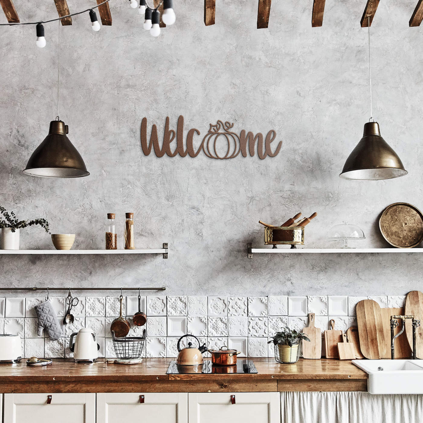 Welcome Autumn Die Cut Metal Sign Copper Rustic Kitchen Mockup