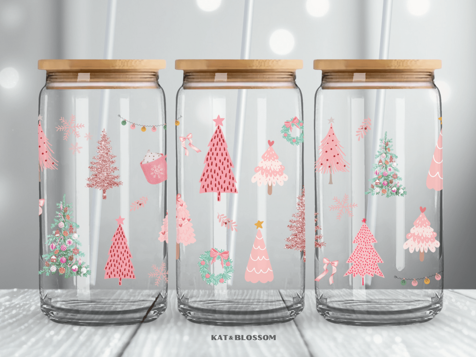 2 Pink Christmas Trees Clear Trio Wrap Glass Can Mockup 2