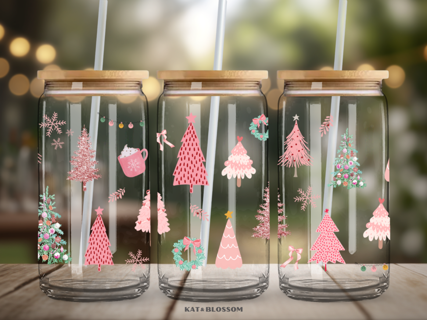 Pink Christmas Trees Clear Trio Wrap Glass Can Mockup