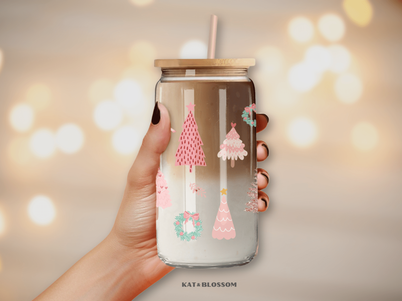 Pink Christmas Trees Hand Holding Glass Can Mockup (1)