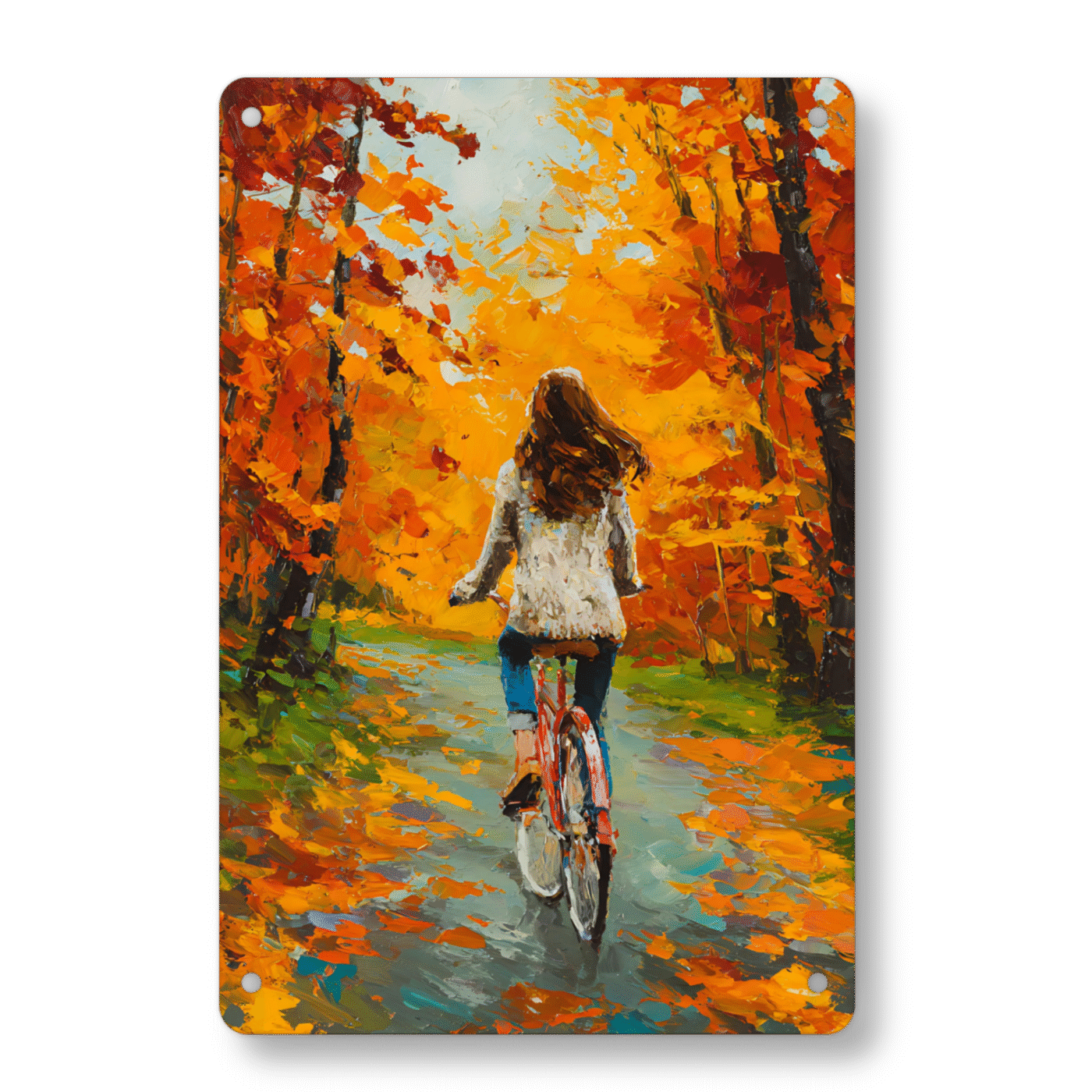 KB Shop Autumn Girl Riding Bicicyle Through Forest Art Metal Sign Mockups