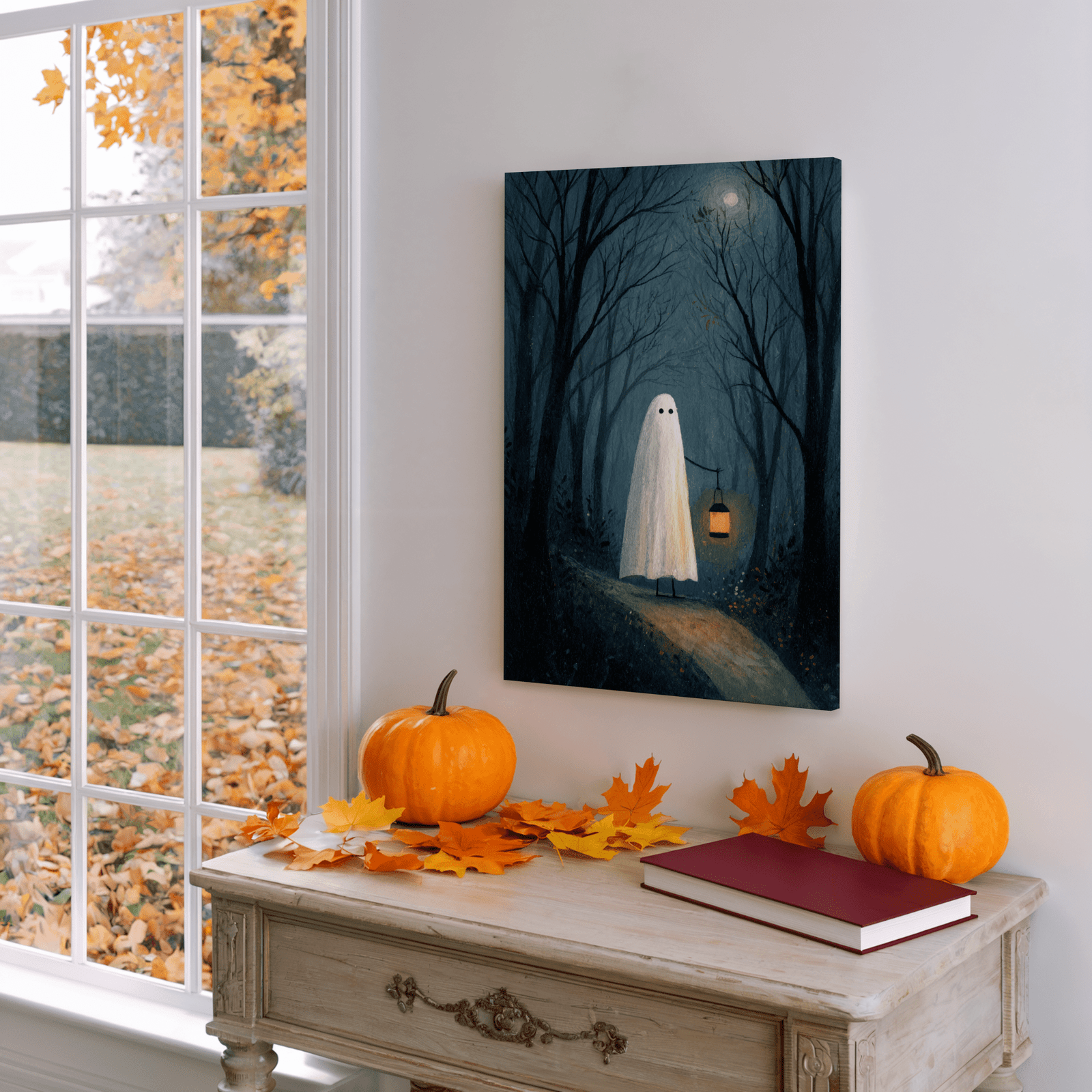 Ghost with Lantern Fall Woods Autumn Canvas Art Mockups KB Shop