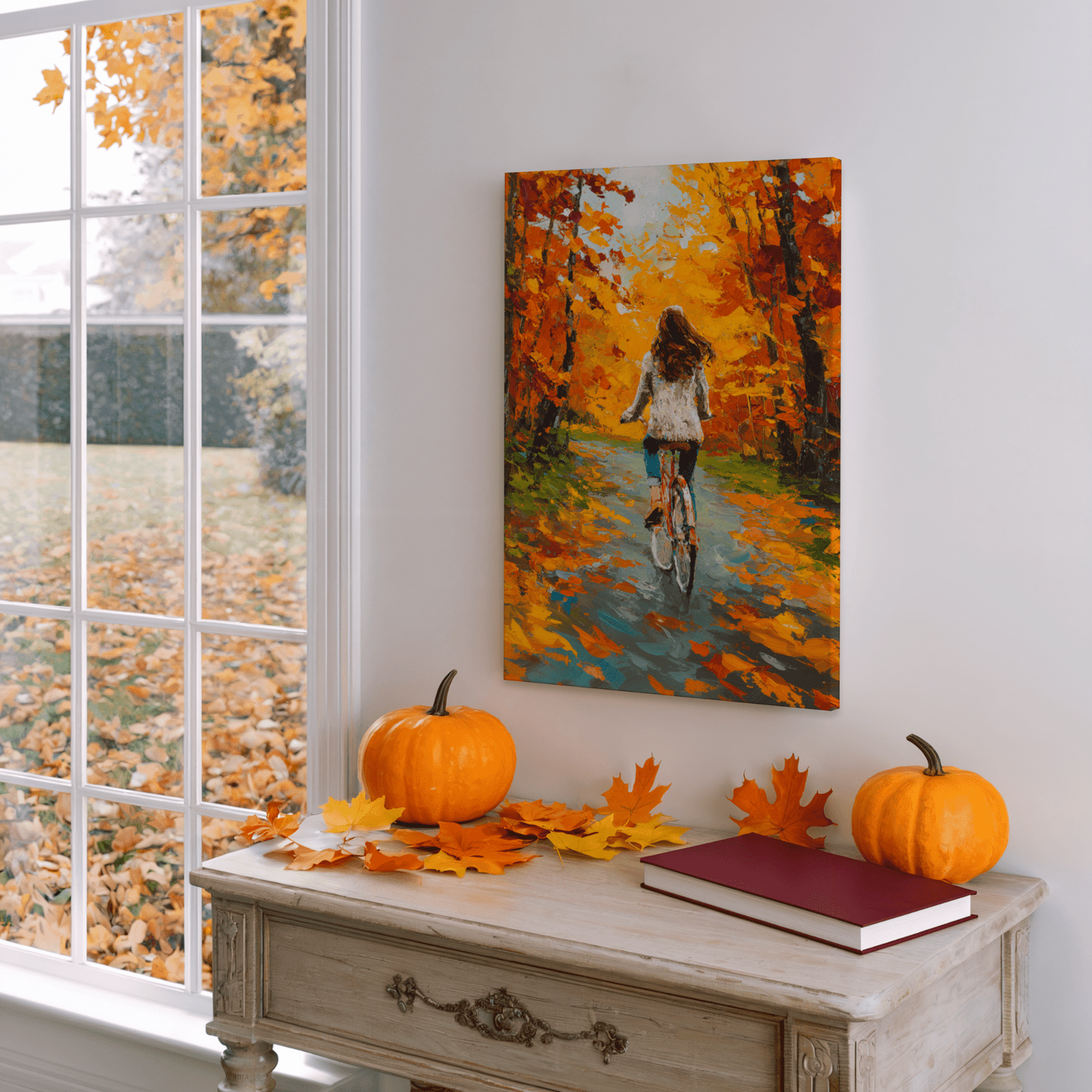 Oil Painting Girl on Bike Fall Forest Canvas Art Mockups KB Shop