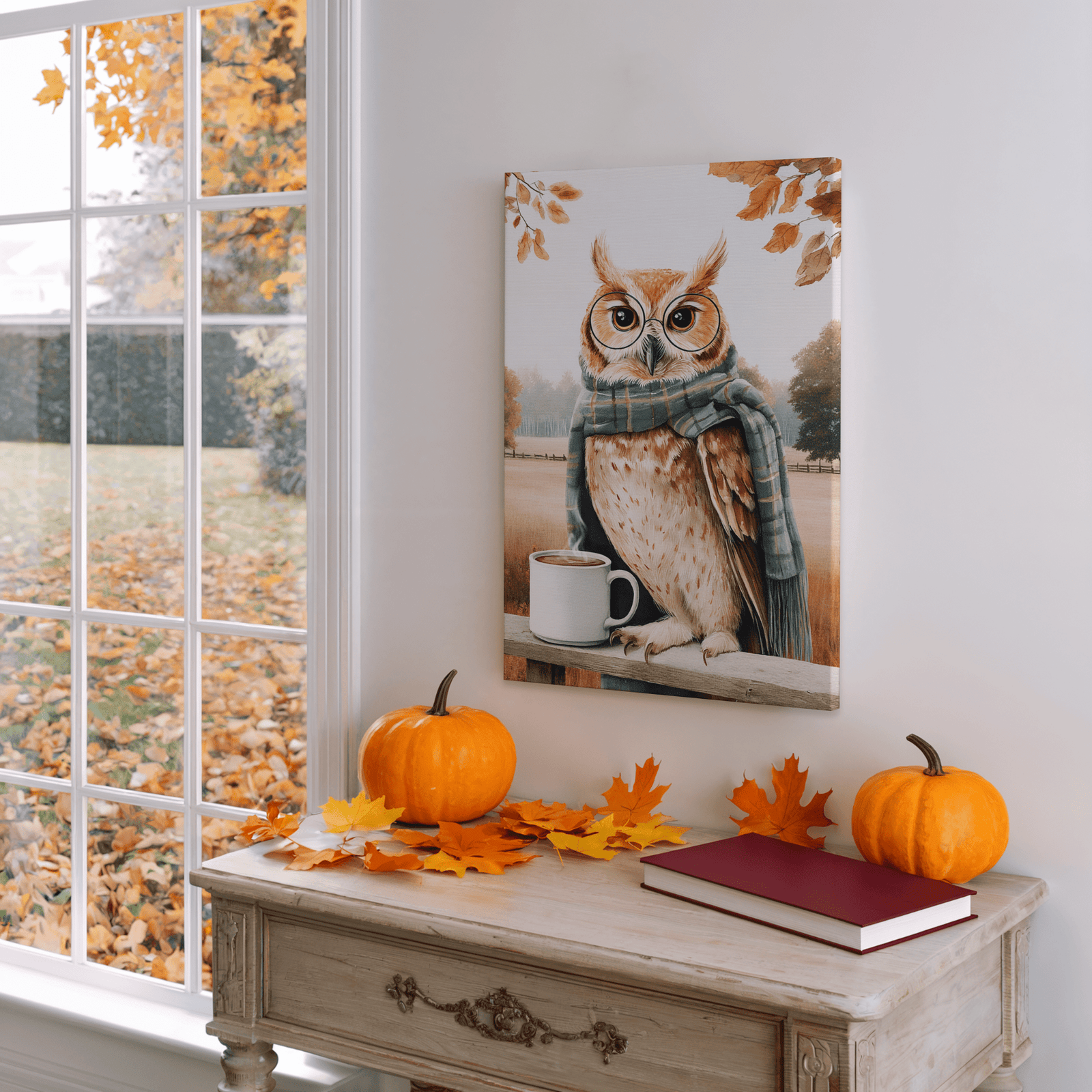 Owl with Coffee Vintage Countryside Fall Illustration Canvas Art Mockups KB Shop