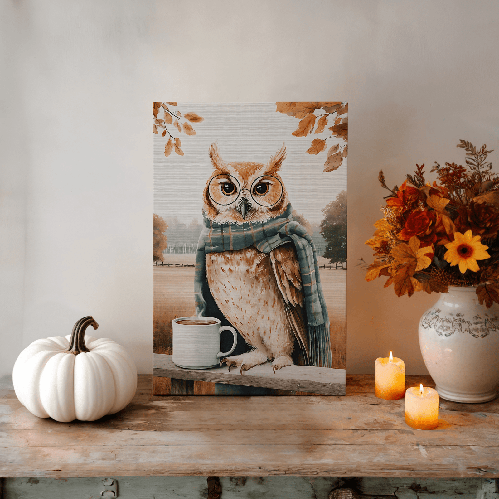 Owl with Coffee Vintage Countryside Fall Illustration Canvas Art Mockups KB Shop