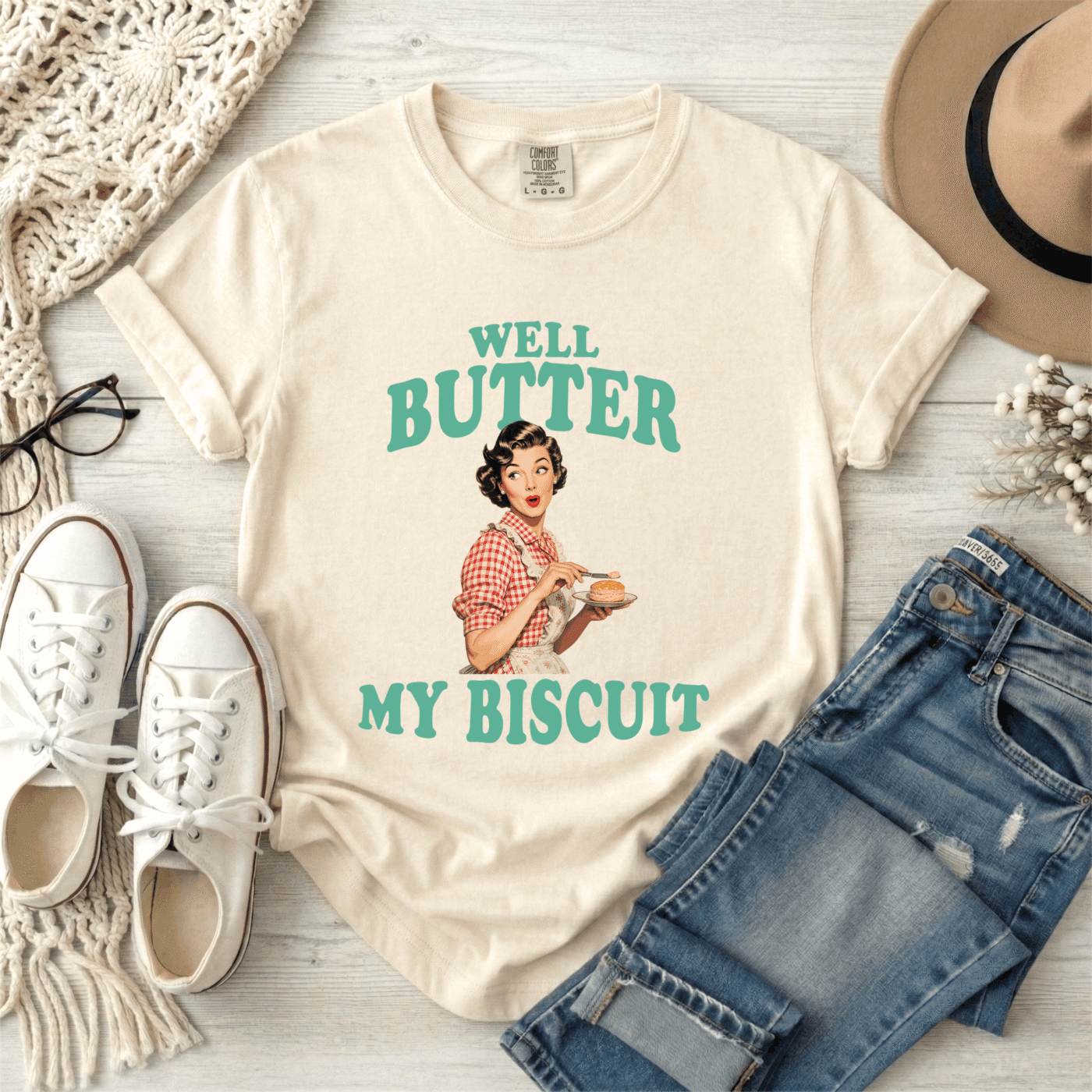 Well Butter My Biscuit Vintage Americana Funny Southern Phrase T Shirt Mockups Comfort Colors(1)(1)