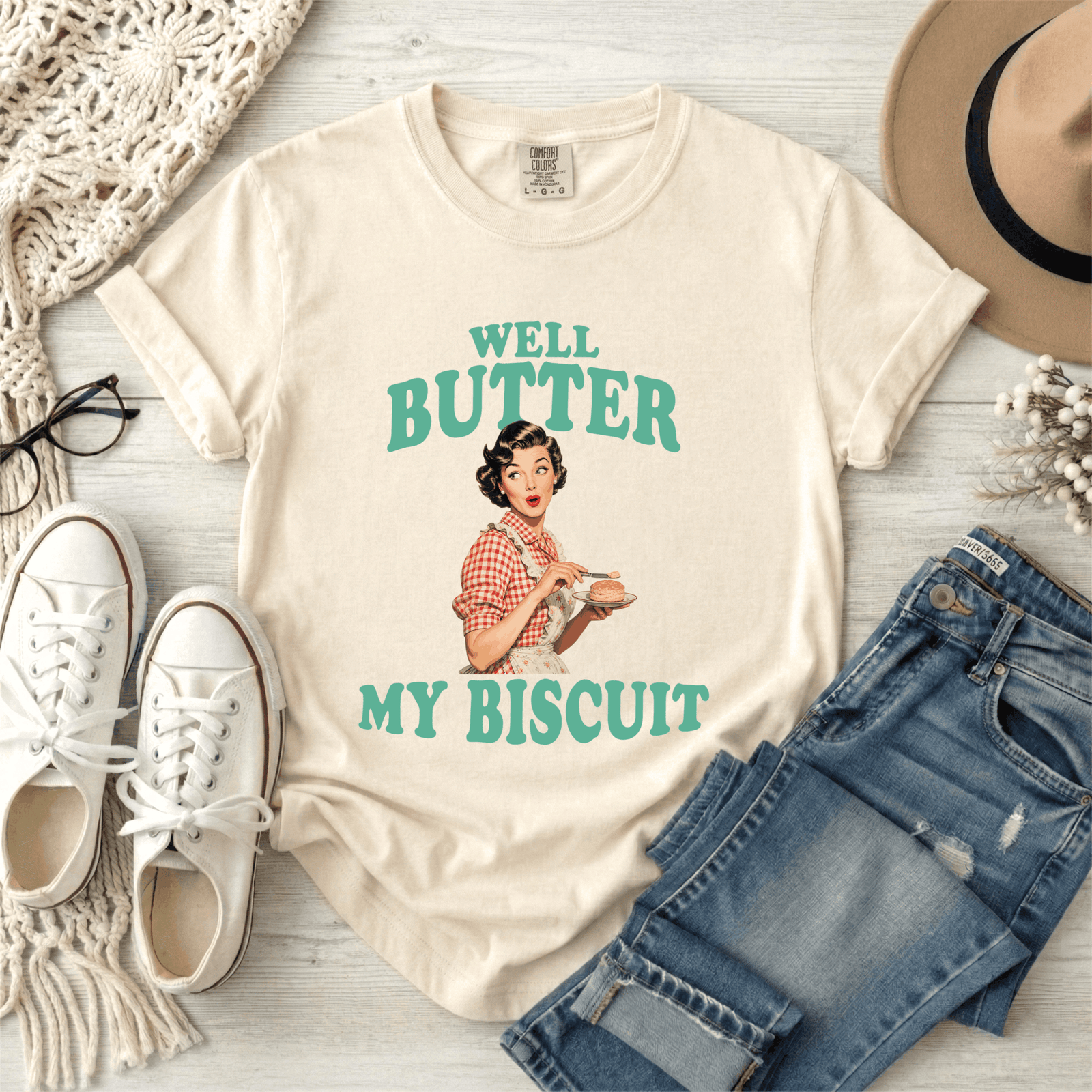 Well Butter My Biscuit Vintage Americana Funny Southern Phrase T Shirt Mockups Comfort Colors(1)(1)