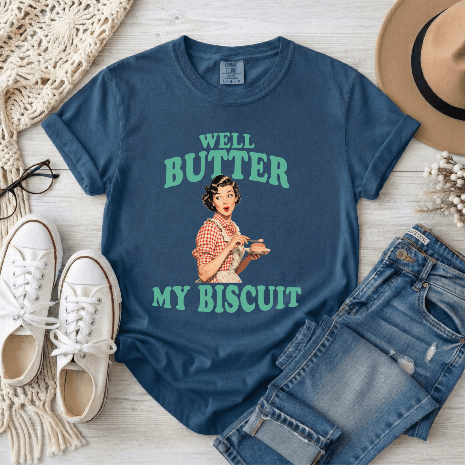 Well Butter My Biscuit Vintage Americana Funny Southern Phrase T Shirt Mockups Comfort Colors(3)(1)